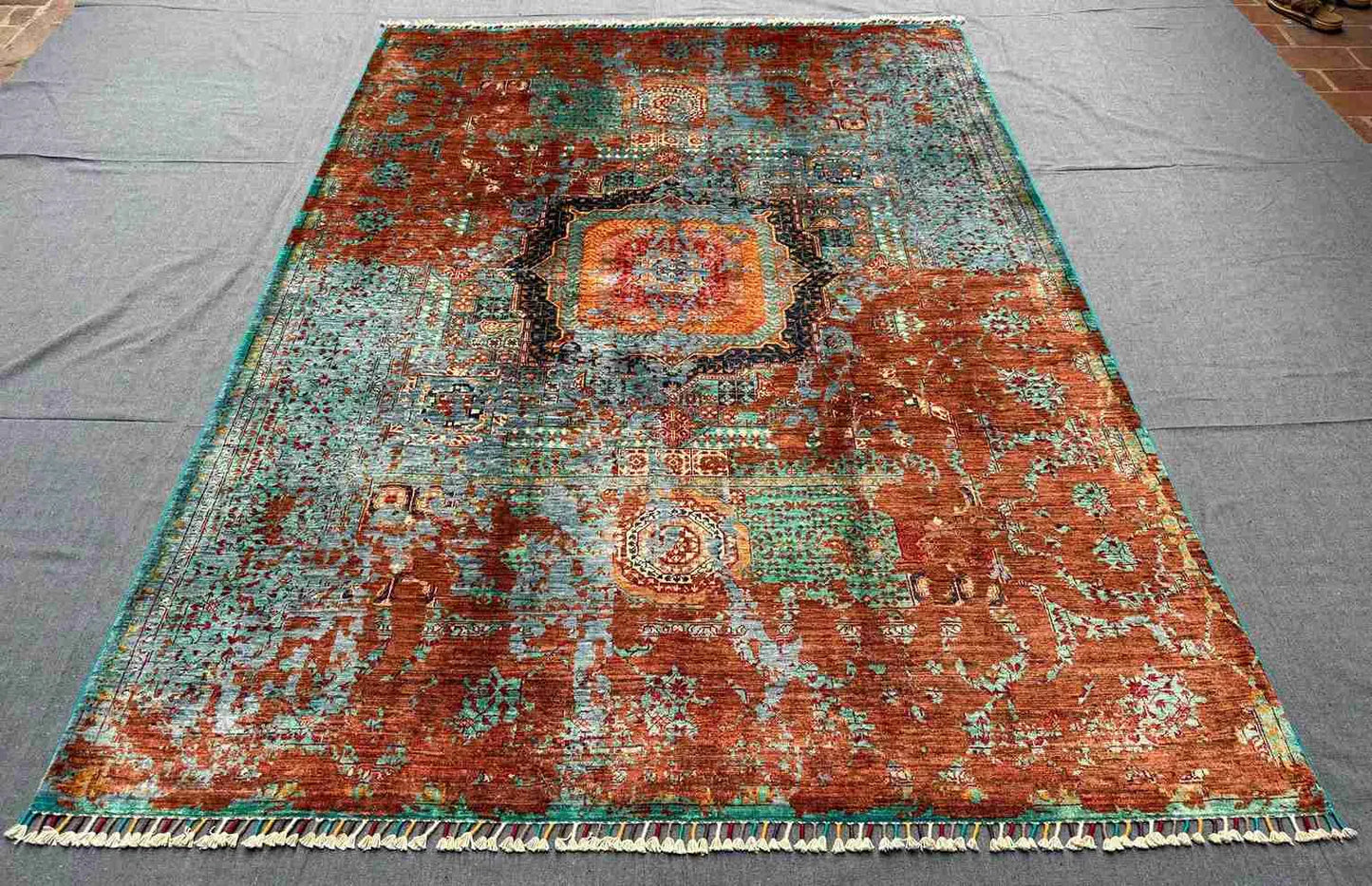 5x8 handmade Mamluk rug styled in modern living room