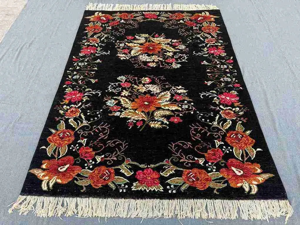 Traditional 8 ft Oriental Karabakh rug displayed on wooden floor