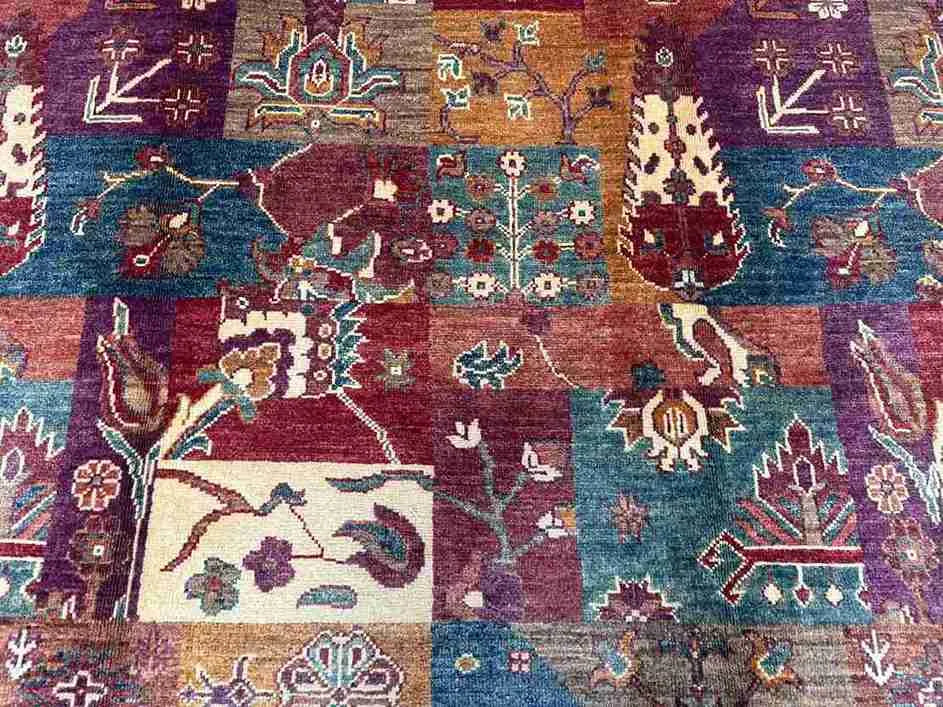 Close-up of stitching and color transitions on Persian patchwork rug