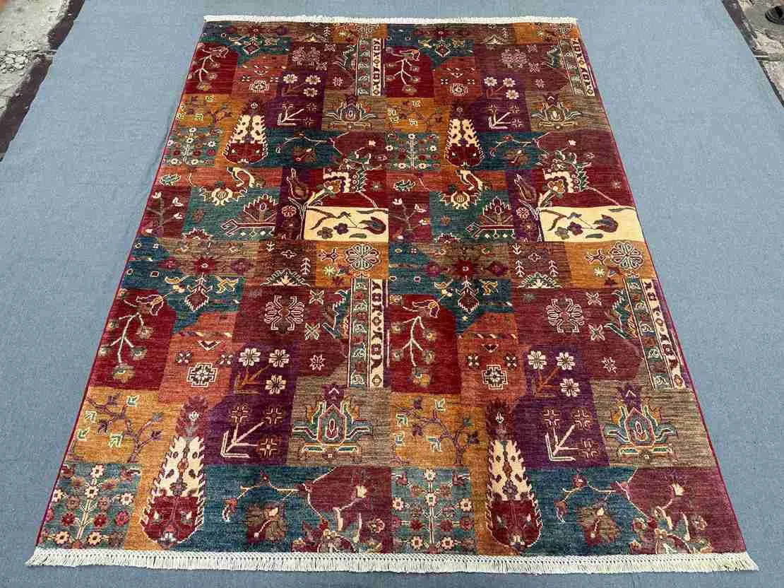 Colorful Persian patchwork rug in vibrant oriental room layout