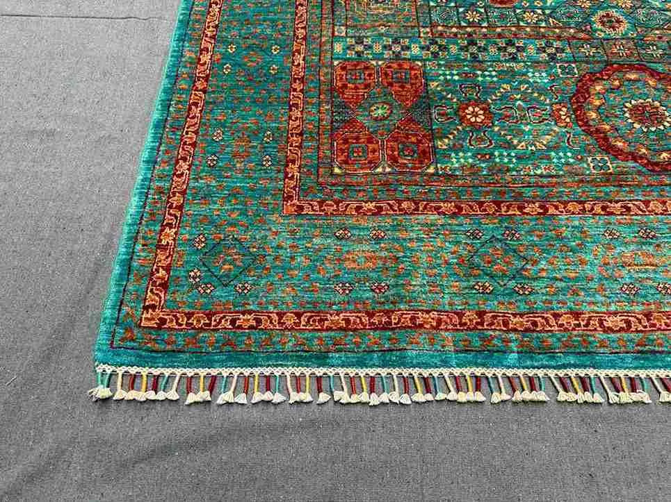 Corner weave detail of handmade Mamluk area rug with intricate motifs