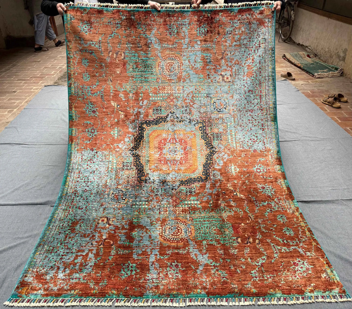 Full top-down view of 5x8 handmade multicolor Mamluk rug