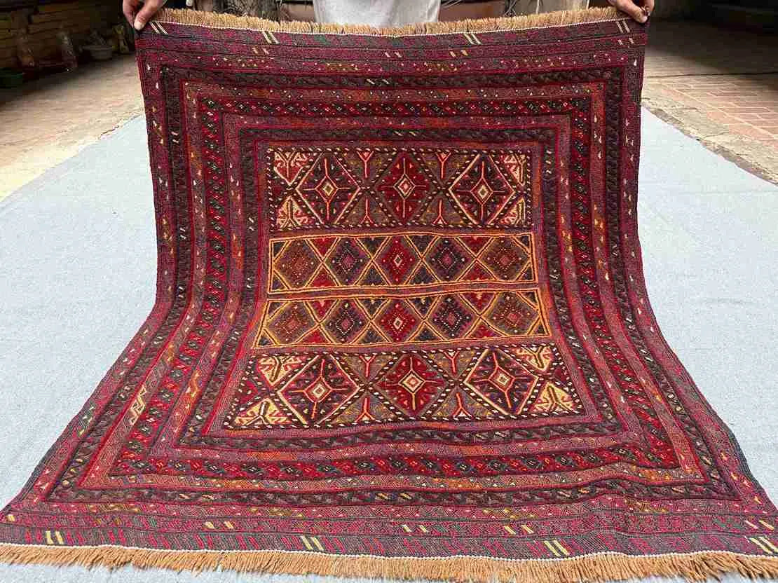 Top full view of antique 3.10x4.3 Turkish Afghan kilim rug with geometric nomadic design in red, gold, and brown