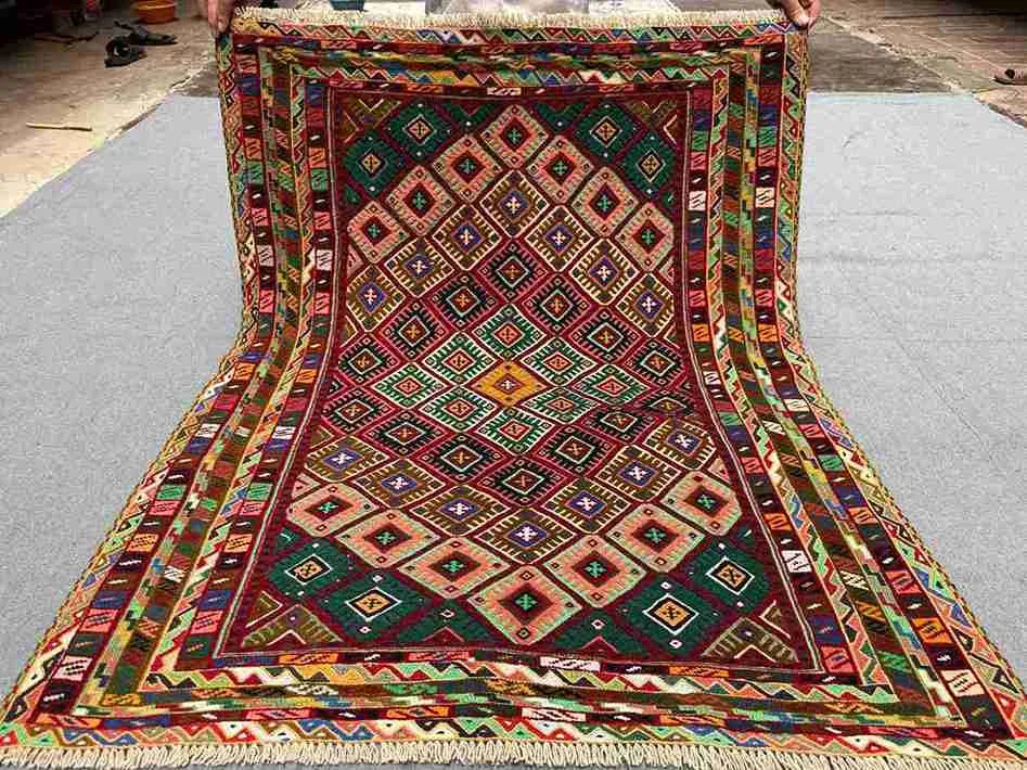 Full top-down view of 3.2x4 handmade Afghan Persian kilim rug
