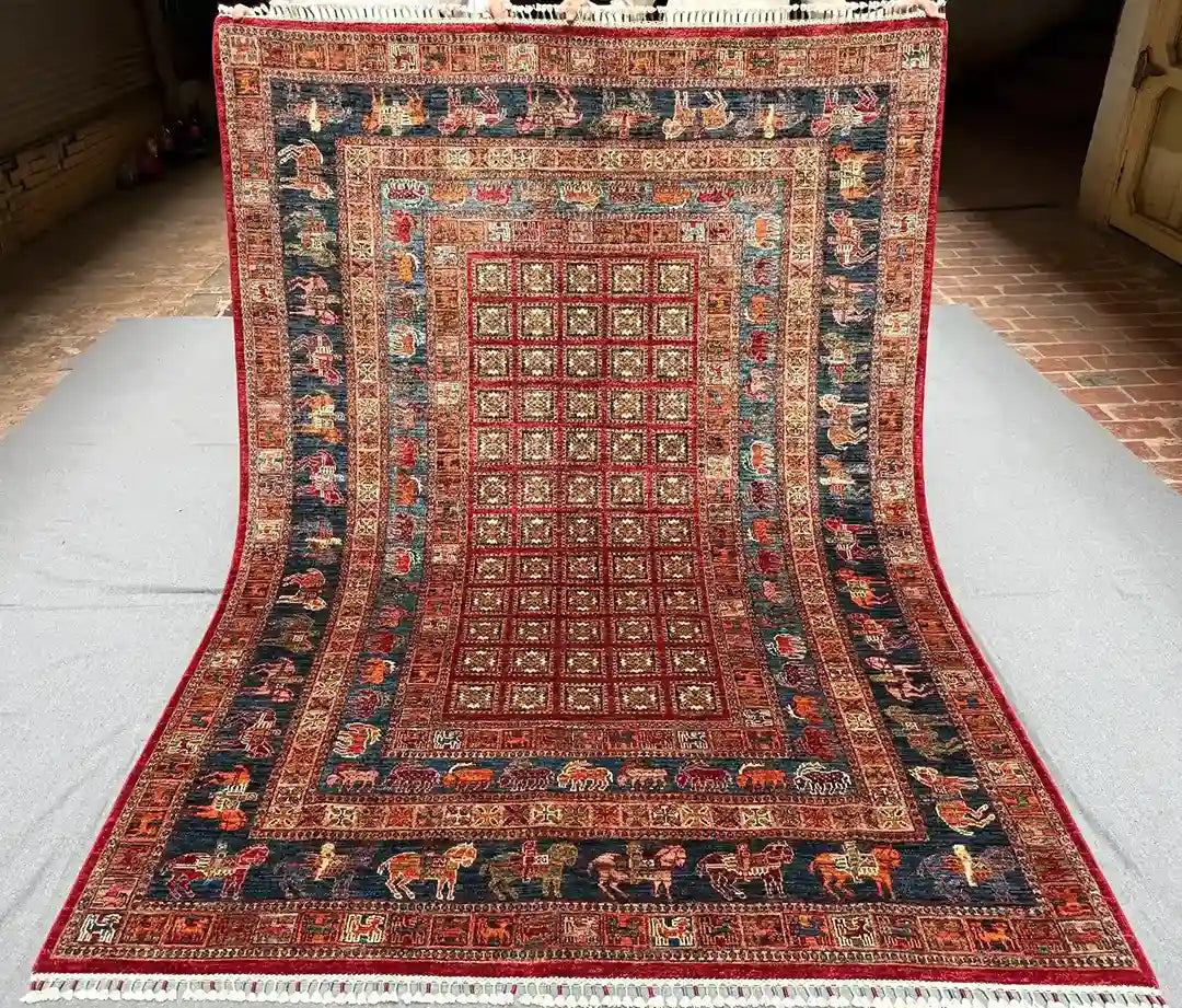 Full top-down view of authentic 6x8.3 ft Pazyryk rug – Persian-style design