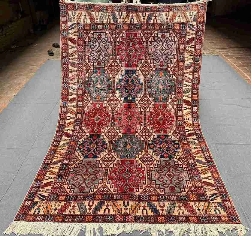 Complete view of 5x7 hand-knotted Waziri Oriental rug in earthy tones
