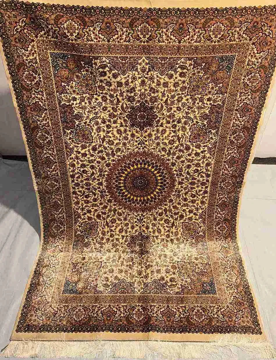 Full Image of Handmade Ivory Persian Silk Rug