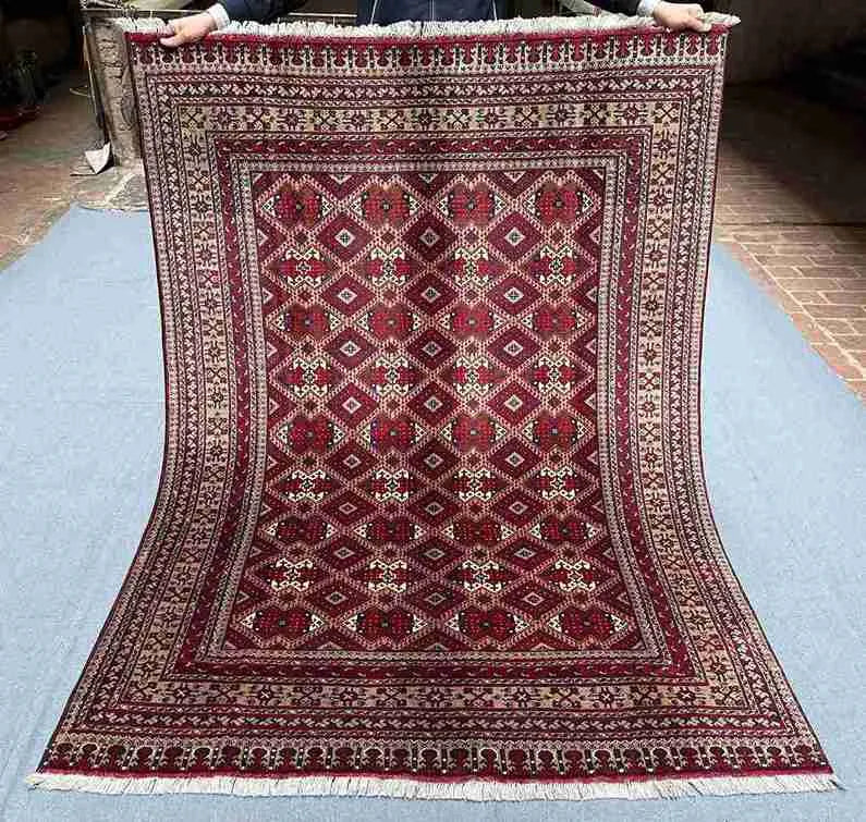Full view of 5x7 handmade Oriental Afghan rug – red and beige wool silk