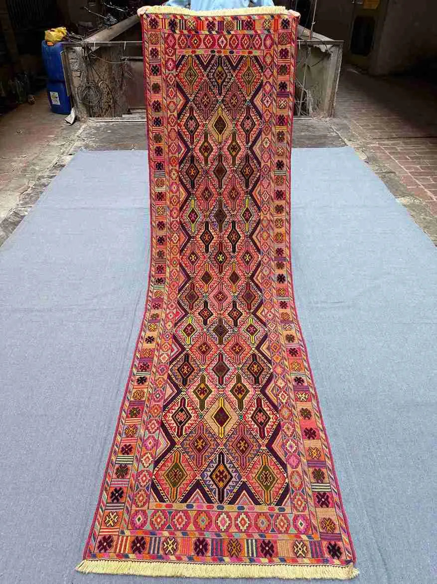 Full view of 2.7x8.11 antique handmade Kilim runner rug