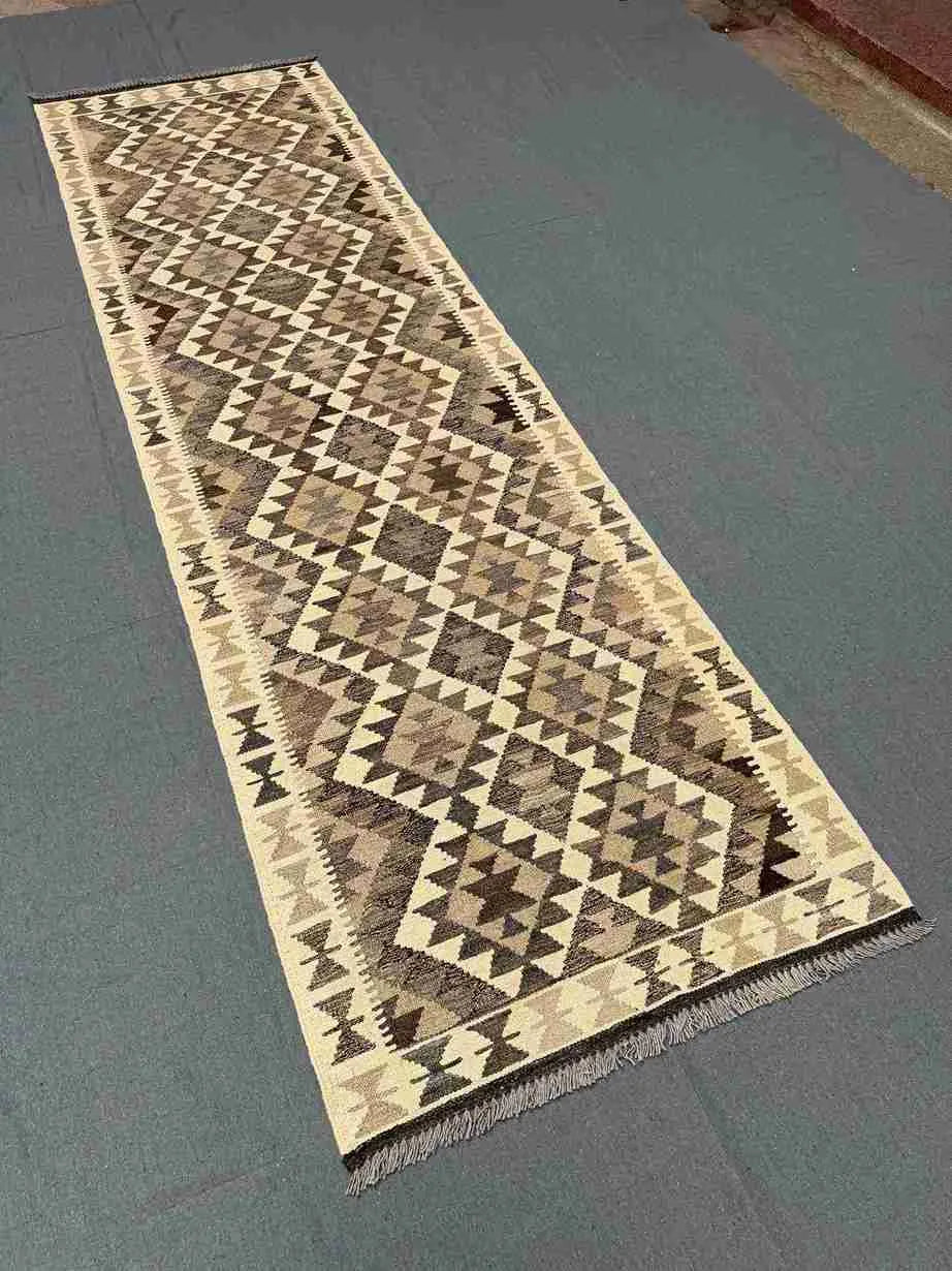 Handwoven Turkish runner rug floor view – neutral palette perfect for modern rustic decor.