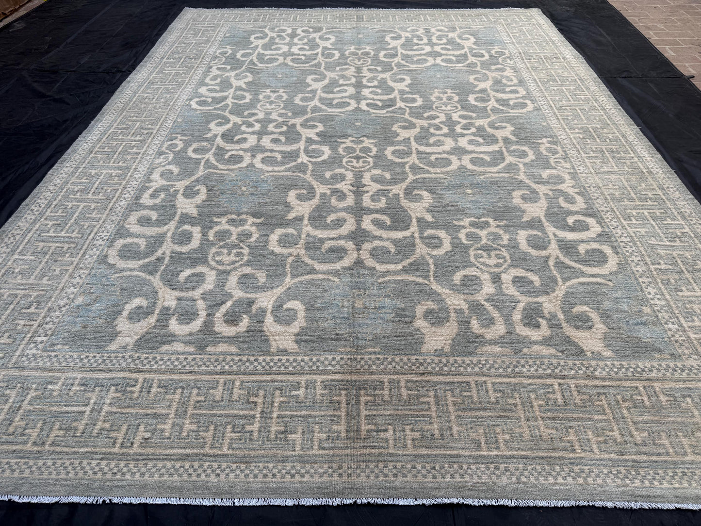 Unique Modern Handmade Blue Khotan Area Rug,Large Neutral Khotan Rug,Turkish Pastel Blue Cream Beige Living room rug,9x12 Living room rug.