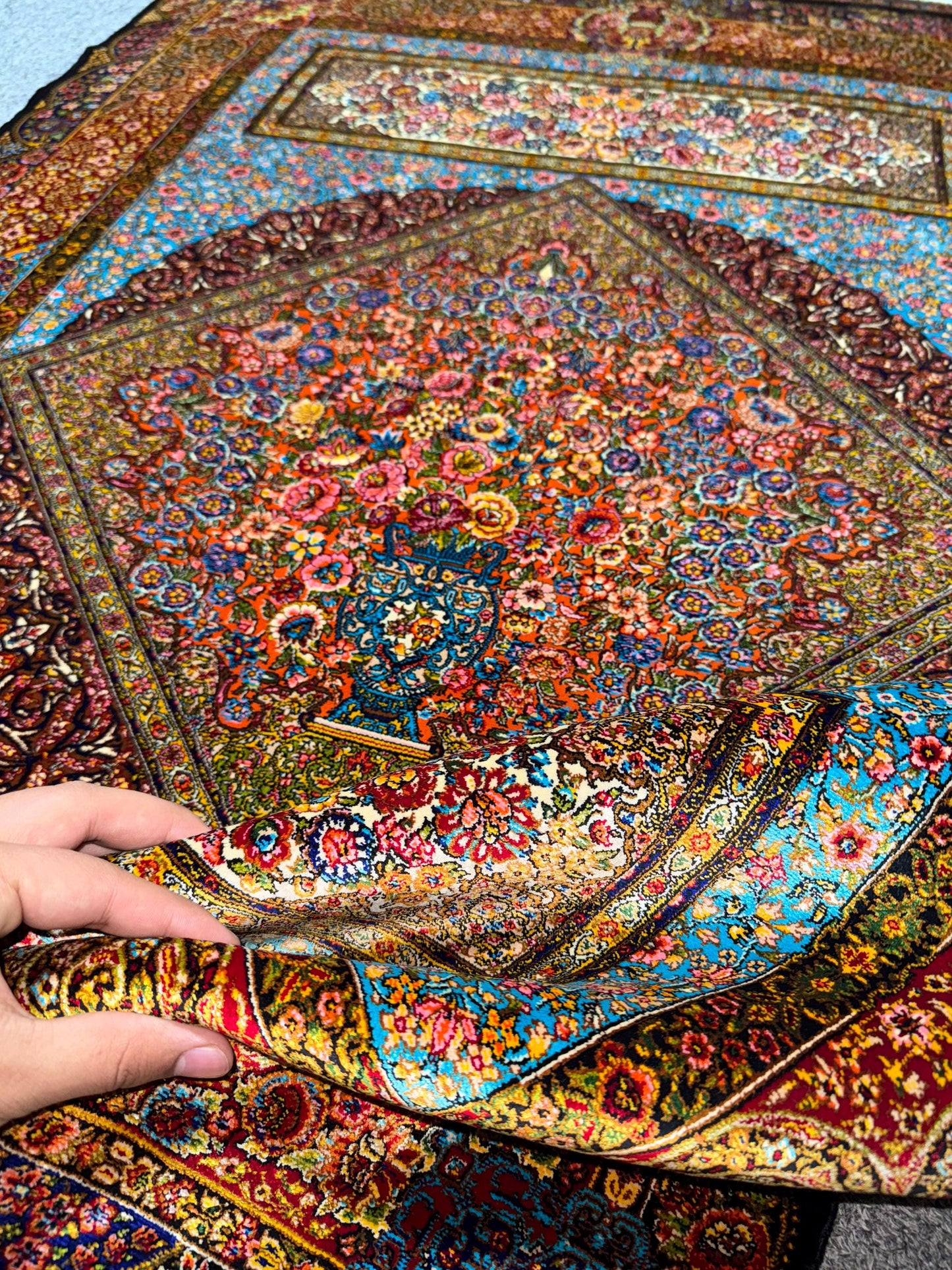 Persian Silk Rug 3x5 ft – Luxury Floral Medallion Carpet, Blue & Burgundy Oriental Design, Elegant Accent Rug for Home Office Decor
