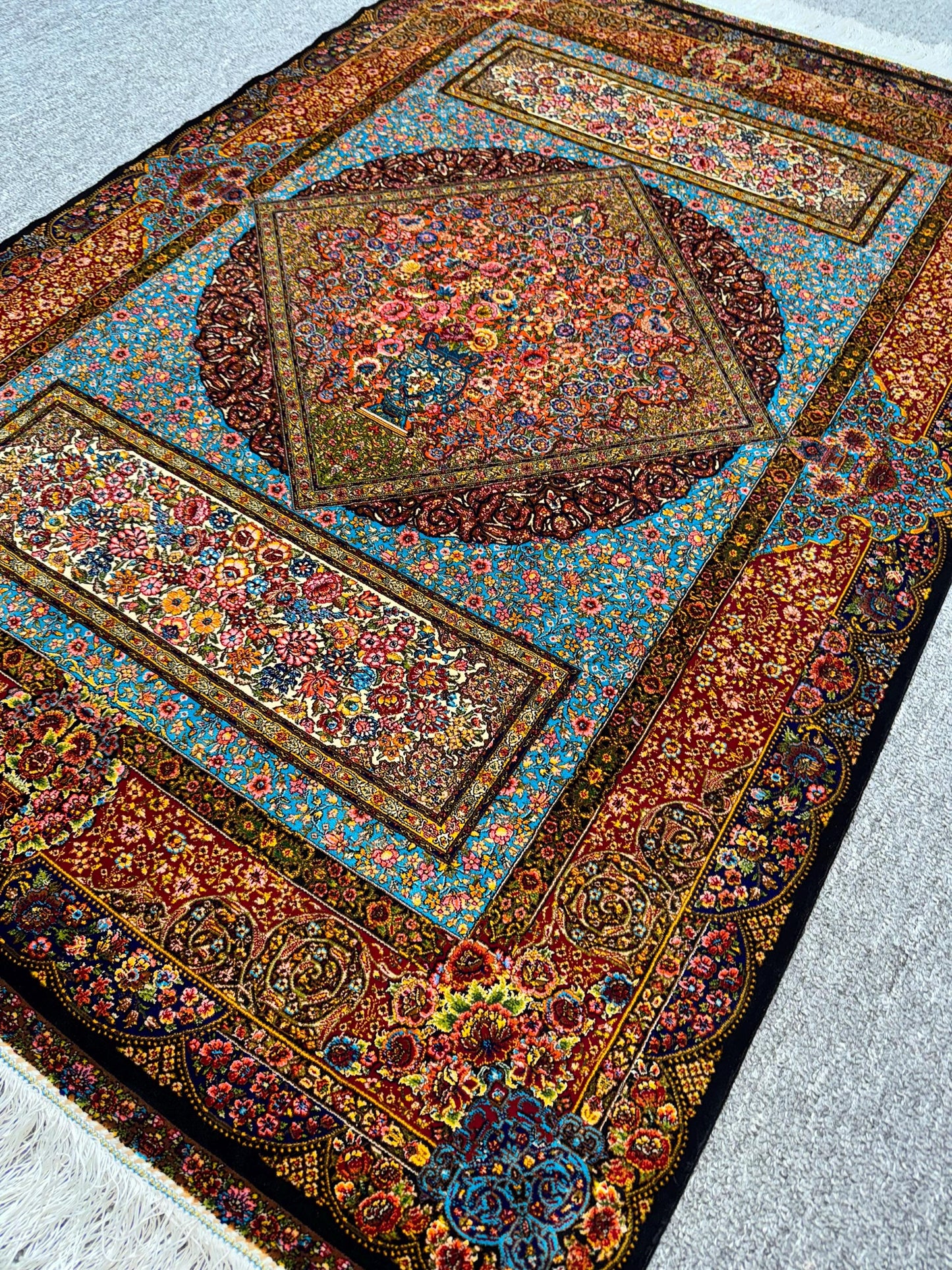 Persian Silk Rug 3x5 ft – Luxury Floral Medallion Carpet, Blue & Burgundy Oriental Design, Elegant Accent Rug for Home Office Decor