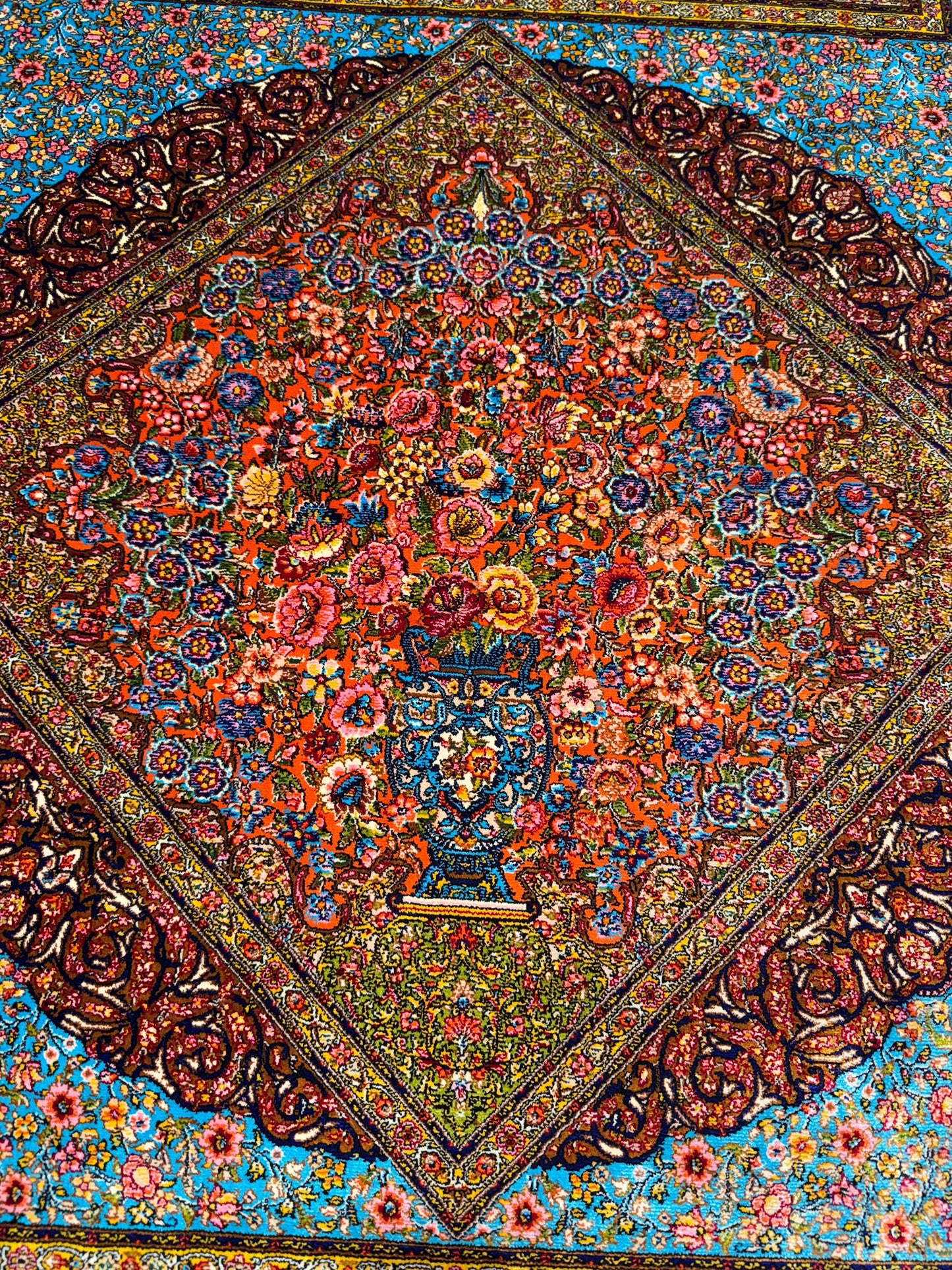 Persian Silk Rug 3x5 ft – Luxury Floral Medallion Carpet, Blue & Burgundy Oriental Design, Elegant Accent Rug for Home Office Decor