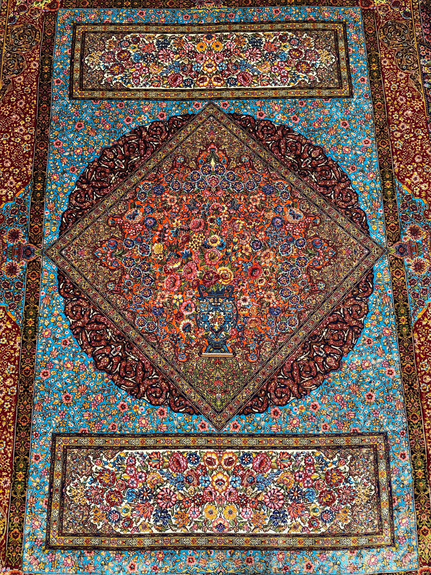 Persian Silk Rug 3x5 ft – Luxury Floral Medallion Carpet, Blue & Burgundy Oriental Design, Elegant Accent Rug for Home Office Decor