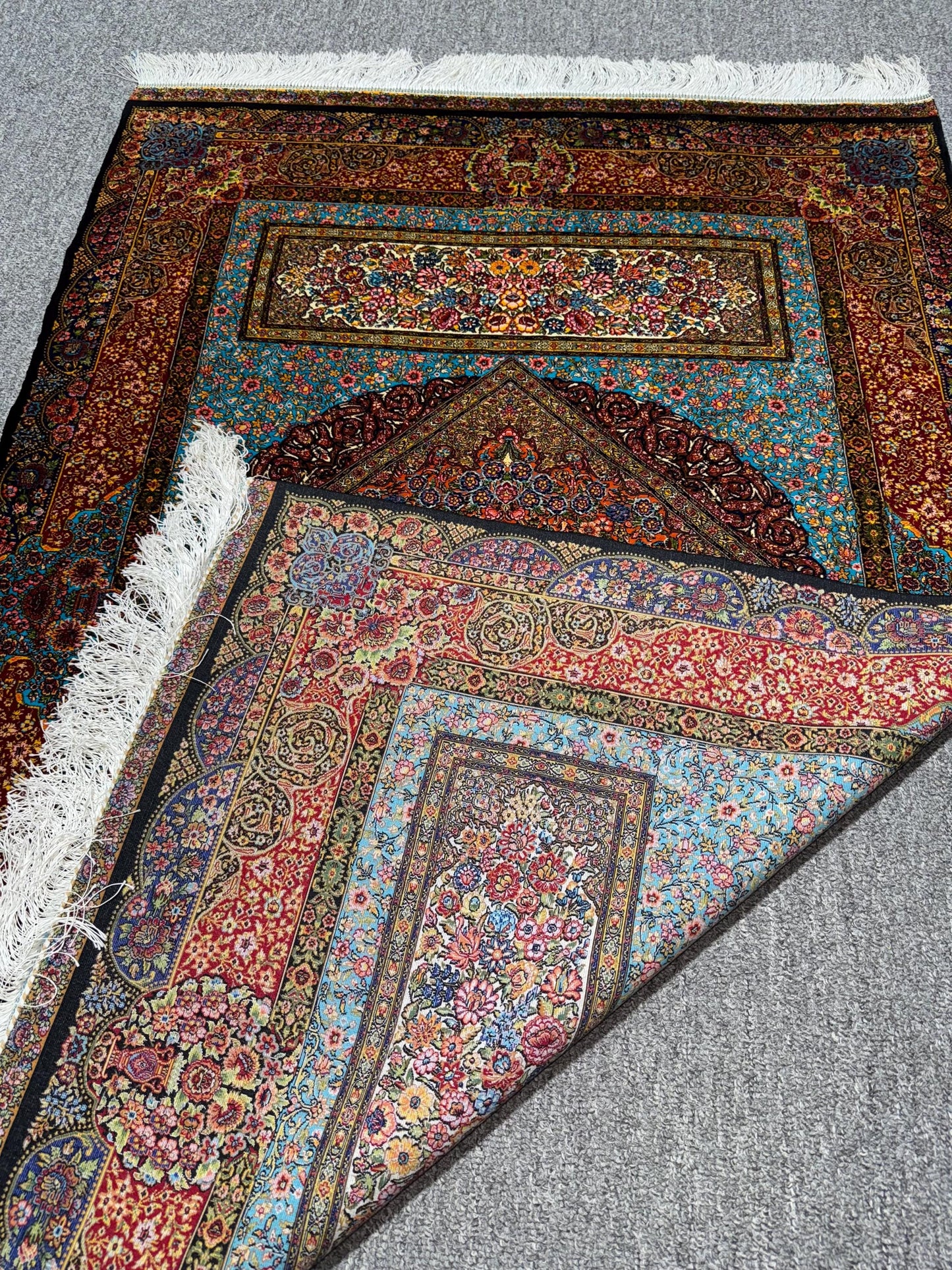 Persian Silk Rug 3x5 ft – Luxury Floral Medallion Carpet, Blue & Burgundy Oriental Design, Elegant Accent Rug for Home Office Decor