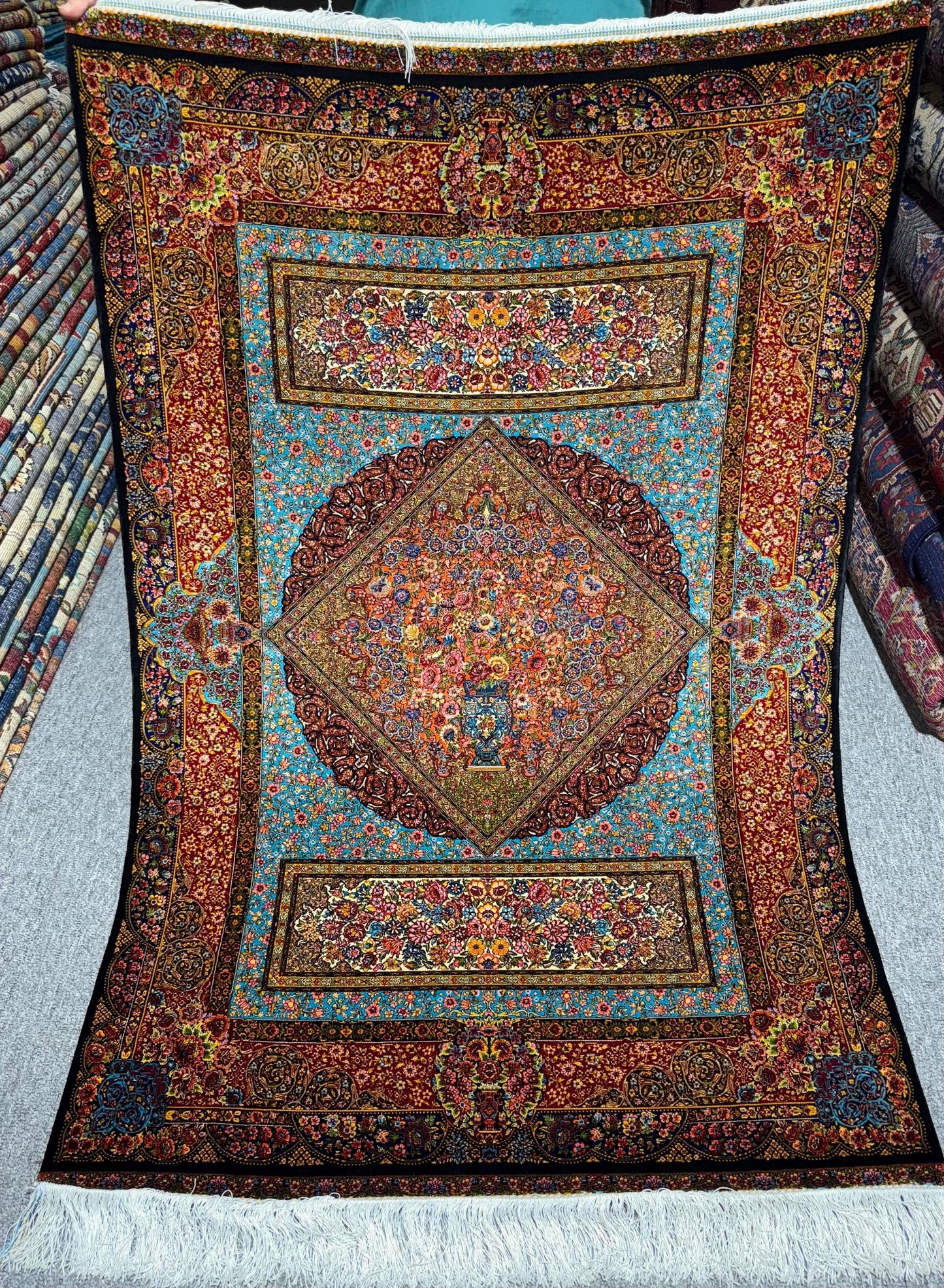 Persian Silk Rug 3x5 ft – Luxury Floral Medallion Carpet, Blue & Burgundy Oriental Design, Elegant Accent Rug for Home Office Decor