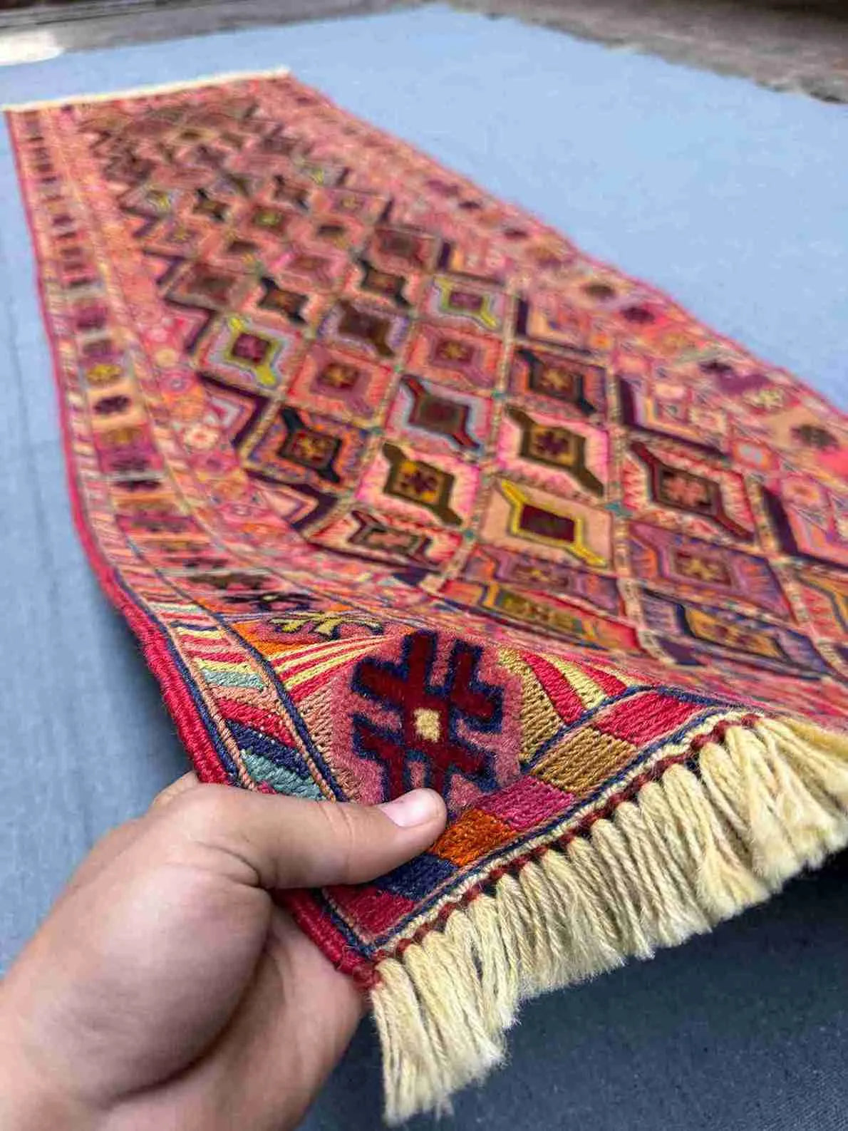 Antique 2.7x8.11 Kilim Runner held in hands – Turkish Handmade Flatweave Rug