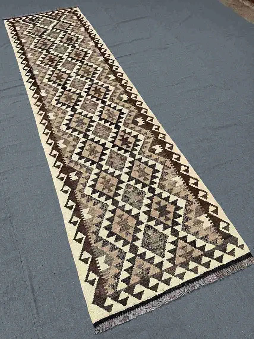 Handmade Kilim rug on modern hallway floor – 3x9 wool runner