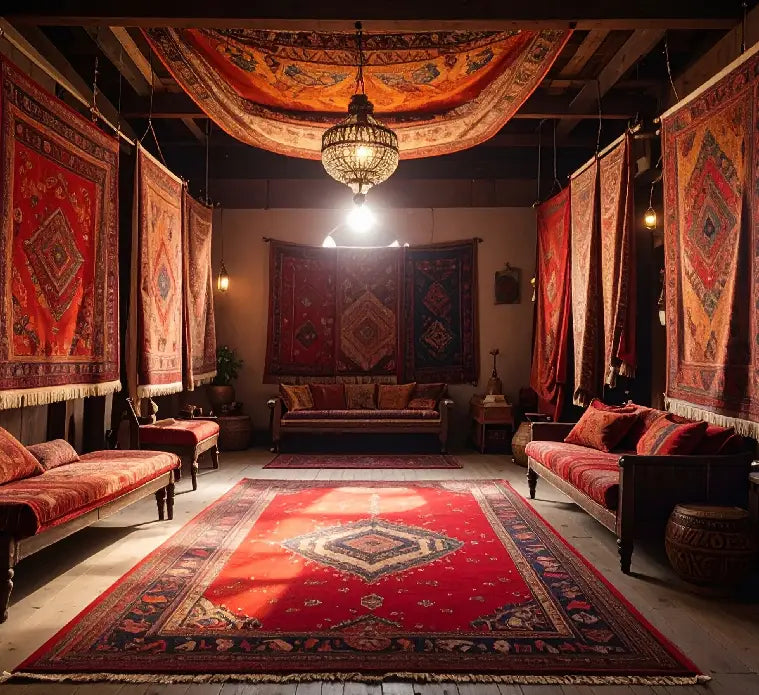 Traditional luxury room interior decorated with oriental rugs, antique wooden furniture, and a central chandelier