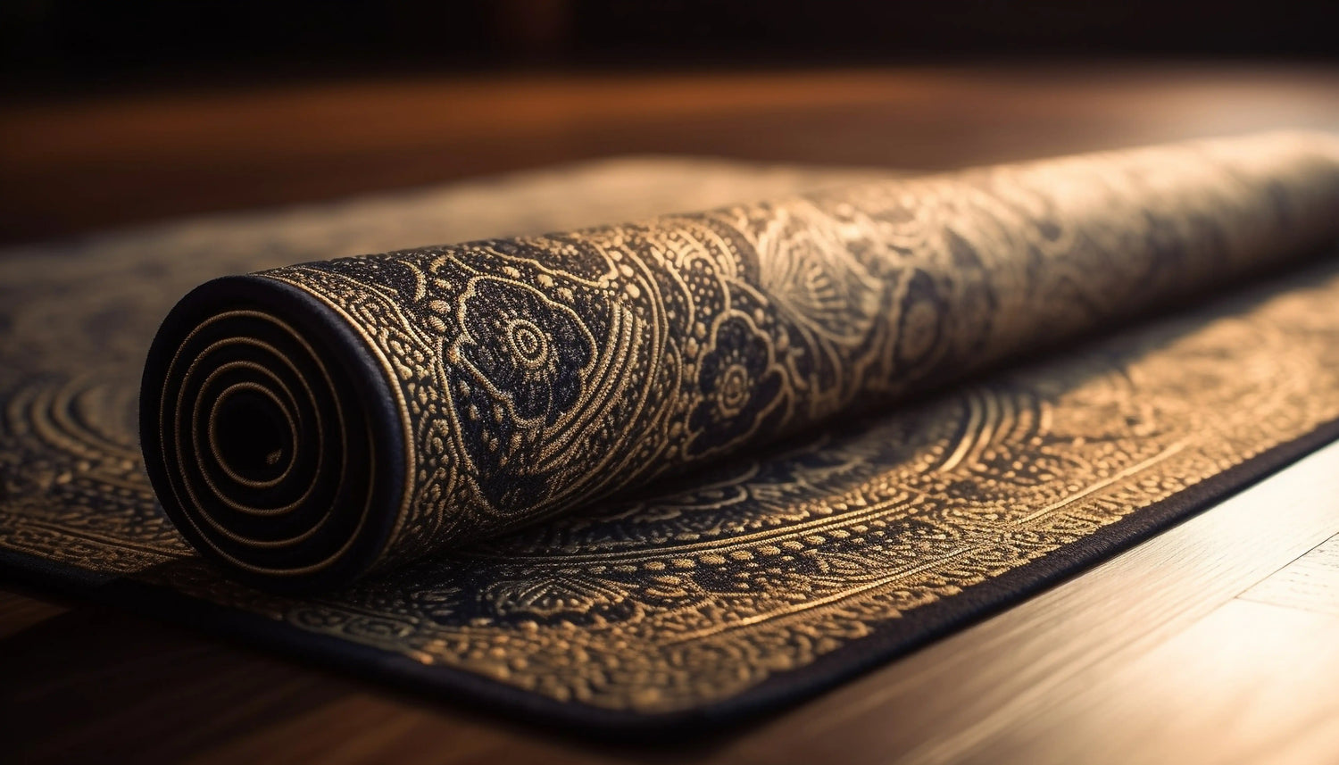 Rolled luxury traditional rug with intricate floral patterns on hardwood floor – Weirugs collection