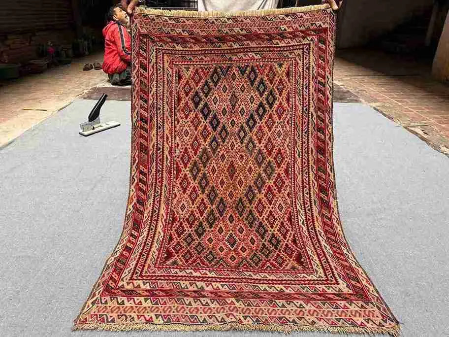 Full top-down view of 2.11x4.6 handmade Persian Afghan red wool kilim rug