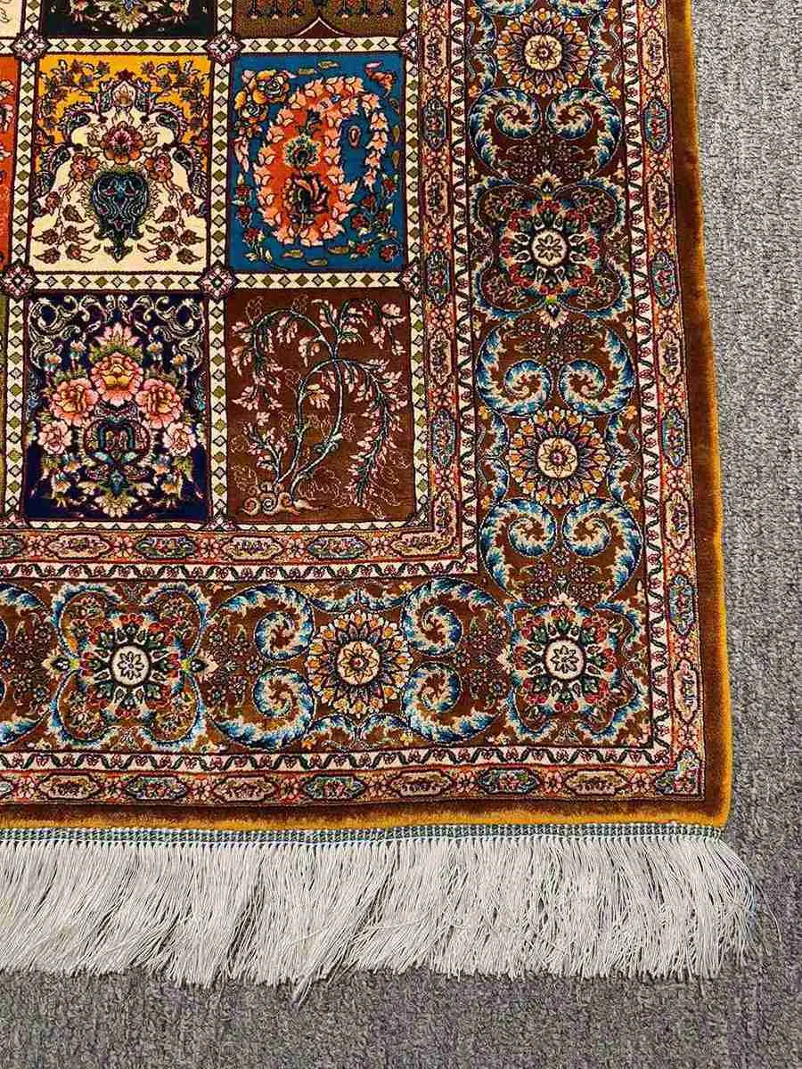 Elegant corner view of vintage-inspired silk Persian carpet