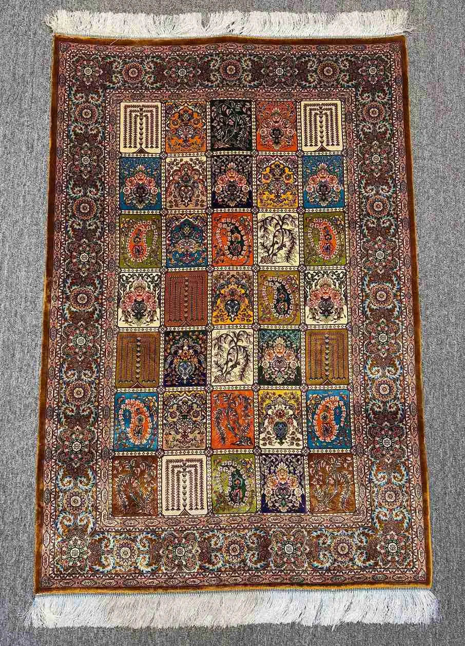 Silk patchwork Persian rug placed in elegant living room