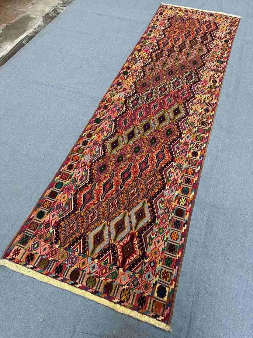 Antique Turkish kilim runner rug placed in hallway – 2.8x9.3 ft
