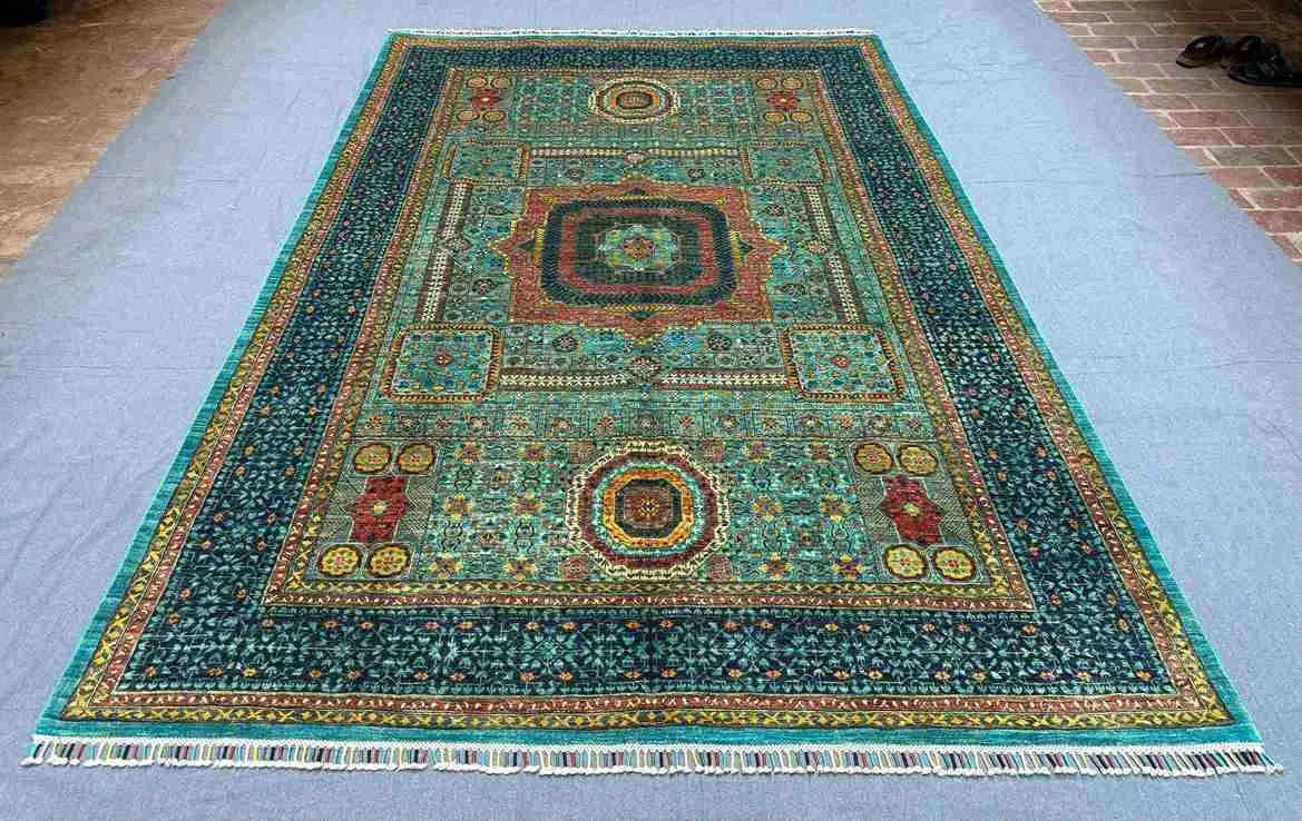 Floor layout view of wool on silk Mamluk rug – 6x9 Turkish-Afghan handmade piece