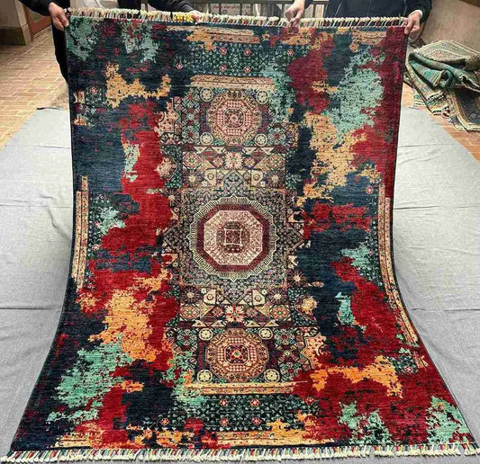 Full view of 5x7 one-of-a-kind modern Persian-style wool and silk rug