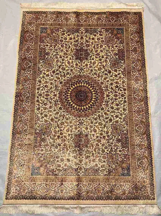 Luxury Silk Rug Displayed on Wooden Floor