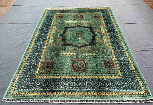 Turkish knotted 6x7 Mamluk rug shown flat on wooden flooring