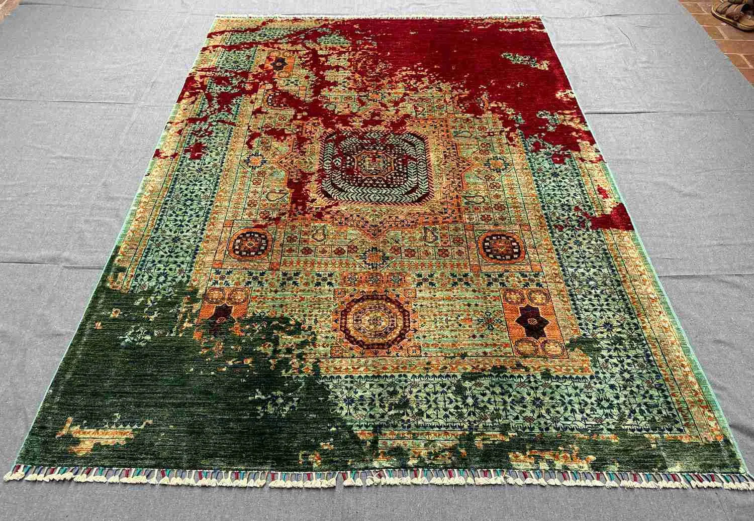 6x8 modern Mamluk rug styled on floor in living room decor