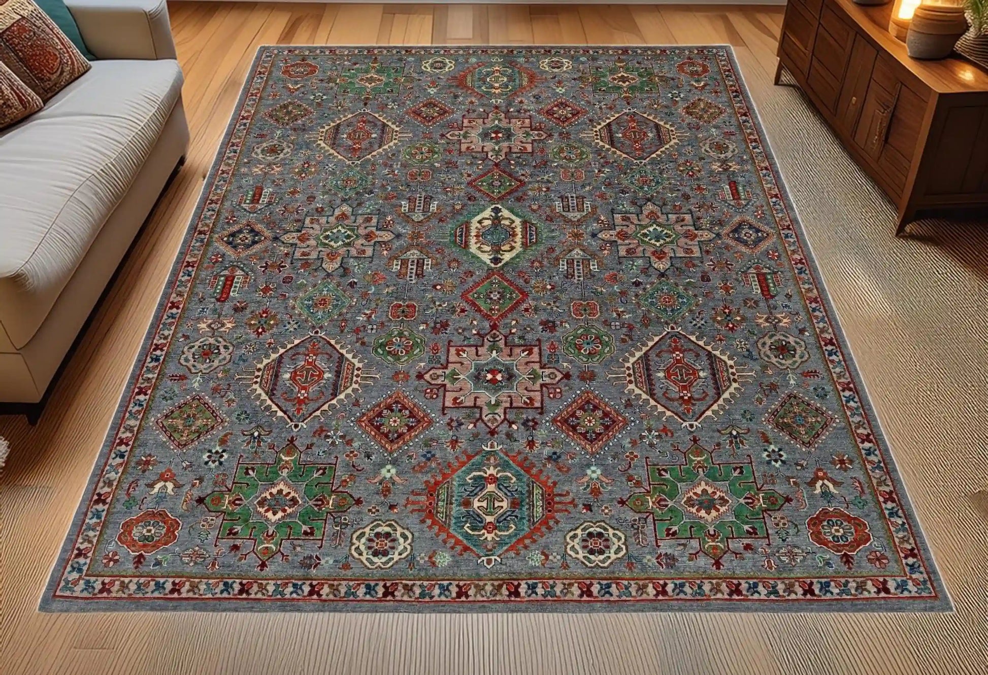 Handwoven Turkish rug styled in modern living room
