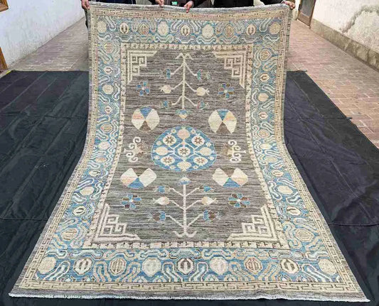 Full top view of 6x8 hand-knotted Blue Khotan Oriental Rug