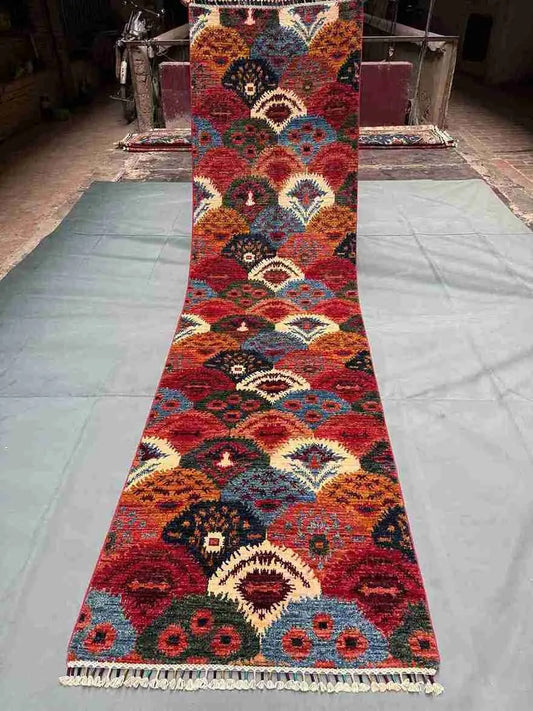 Full top view of 3x10 ft handmade bohemian hallway runner rug – tribal pattern.