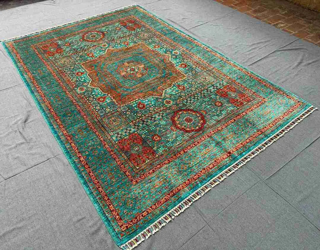 Floor view of bold color handmade Mamluk rug with traditional design