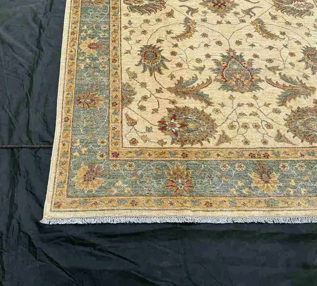 Corner detail showing pattern and knots of 6x8 Chobi area rug