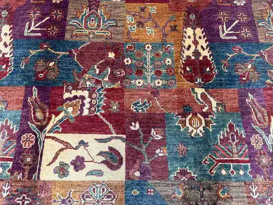 Close-up of stitching and color transitions on Persian patchwork rug