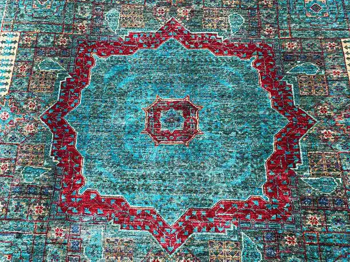 Close-up of hand-knotted weave on modern Oriental 6x8 rug