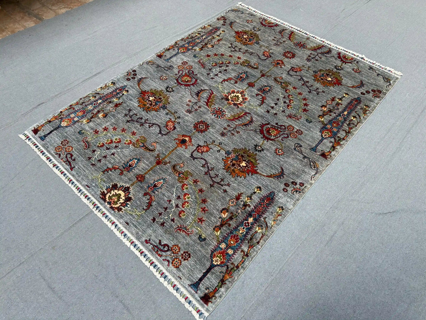 Tree of Life Rug 5x7 ft – Handmade Wool Area Rug with Botanical Design – Gray Background with Colorful Floral Motifs – Turkish Accent Carpet