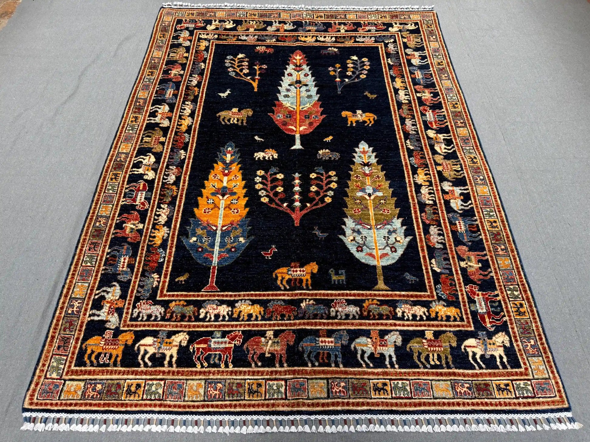 Decor view of Tree of Life wool rug with horse and floral motifs