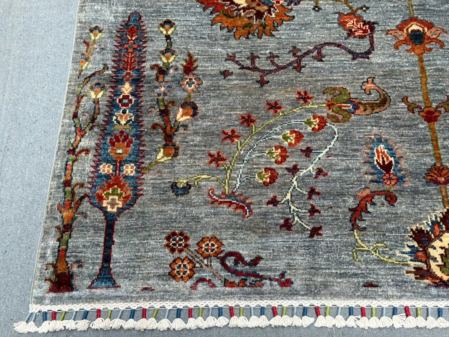 Tree of Life Rug 5x7 ft – Handmade Wool Area Rug with Botanical Design – Gray Background with Colorful Floral Motifs – Turkish Accent Carpet