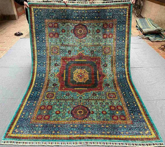 Full top-down view of 5x8 handmade modern Turkish Mamluk rug