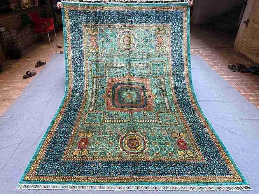 Full top-down view of 6x9 handmade vintage-inspired Mamluk rug – Turkish-Afghan wool and silk carpet