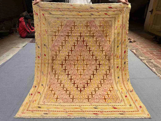 Full view of 4.9x5.8 handmade pastel Persian Afghan kilim rug