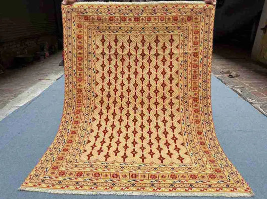 Top view of handmade 4.8x6.1 Persian Afghan tribal wool kilim