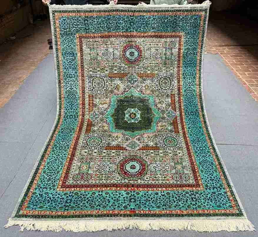 Full overhead view of 5x8 handmade Mamluk Oriental rug – turquoise and green wool silk