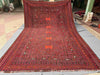 Full top-down view of 8x13 handmade Turkish Kilim rug – red and black geometric tribal wool carpet.